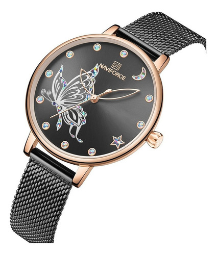 Reloj Dama Diseño De Mariposa Naviforce Moda Fechador Negro