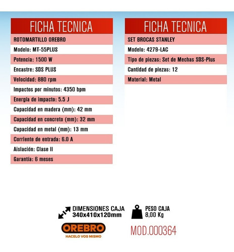 Imagen 2 de 8 de Rotomartillo Orebro 1500 W 5.5 J + Set 12 Mechas Stanley