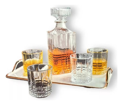 Decantador De Whisky + 4 Vasos Vidrio Elegante