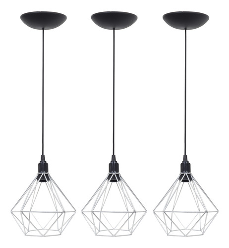 3 Pendentes Aramado Diamante Luminária Lustre P Teto Retrô