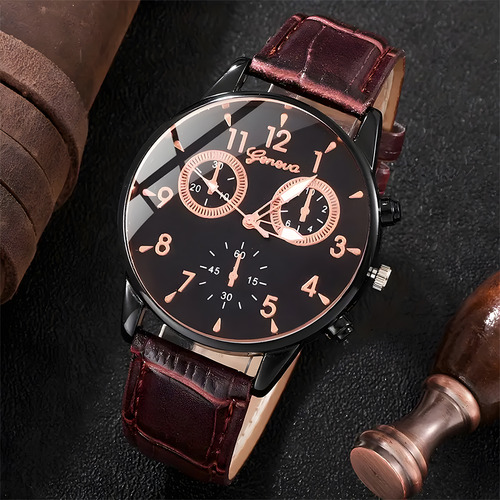 J Set De 4 Piezas De Reloj Y Pulsera De Cuero Pu For Hombre