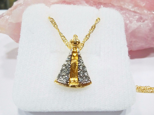 Pingente C/corrente Ns Aparecida Folheado Ouro 18k C/strass