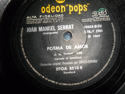 Discos Vinilos Simple Joan Manuel Serrat Año 1969 Video