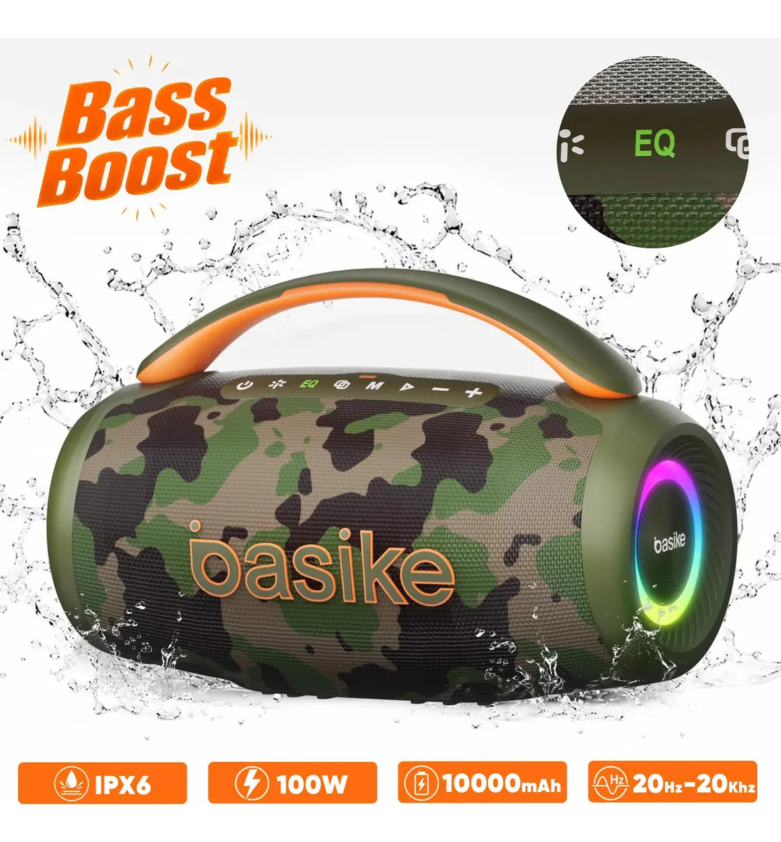 Basike 100w Caixa De Som Bluetooth 20Hz - 20kHz Boombox Tws Bass Boost 10000mah Ipx6 Caixa Som Portátil EQ Estéreo Alta Hifi Boombox Potente Festa Com RGB Luzes LED