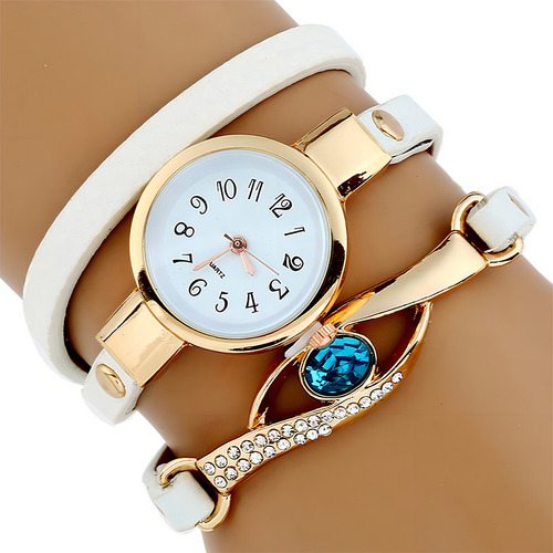 Reloj Brazalete Zafiro Azul Tacto Piel Mujer Moda Dama A568 Correa Blanco