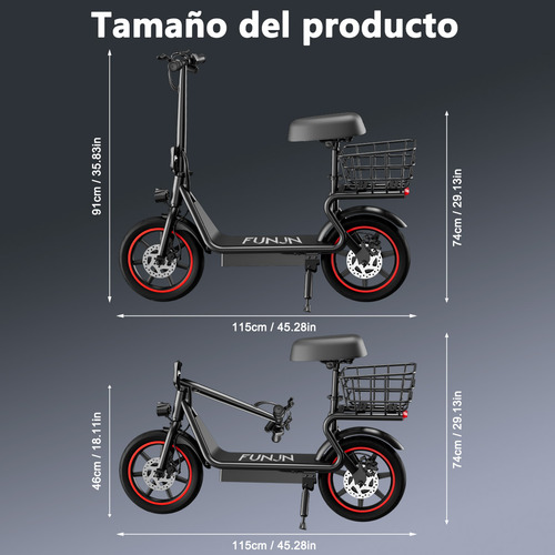 Funjn e11 Scooter Eléctrico Plegable Con Asiento 32km/h-velocidad 45km-autonomía Max Batería 13ah Motor Color Negro Con Rojo Funjn Patin Electrico