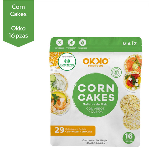 Snack Corn Rice Galletas Maíz, Quinoa Y Arroz Okko® 16 Pzas 