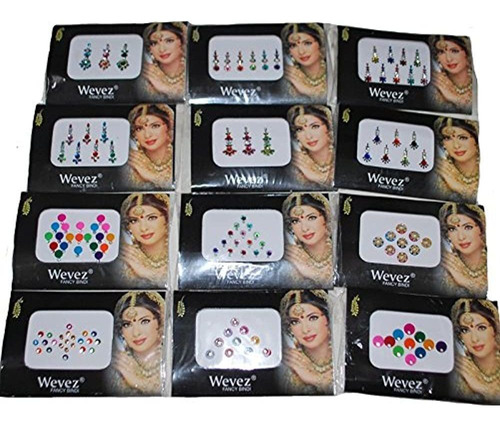 12 Oro, Plata, Multicolor Bollywood Cabeza Bindi Tatuaje Cue