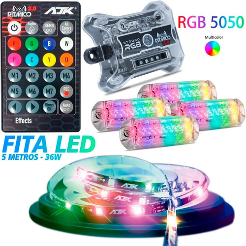 Strobo Automotivo Ajk 4 Faróis Rgb Com Controle Fita De Led