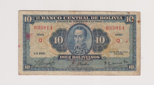 Billete Bolivia 10 Bolivianos Año 1928 Bueno +