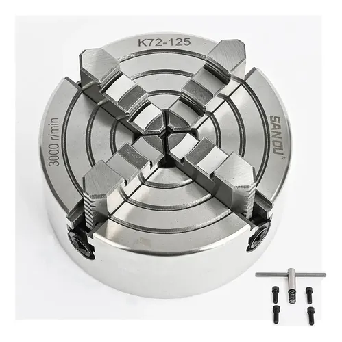 Mandrino Per Tornio A 4 Griffe K72-125, Diametro 125 Mm, Ganasce Reversibili - Accessorio Per Tornio Metallico