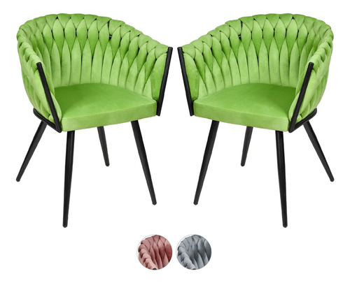 Set 2 Sillas Comedor Tejidas Terciopelo Modernas Elegantes Estructura de la silla Negro Asiento Verde