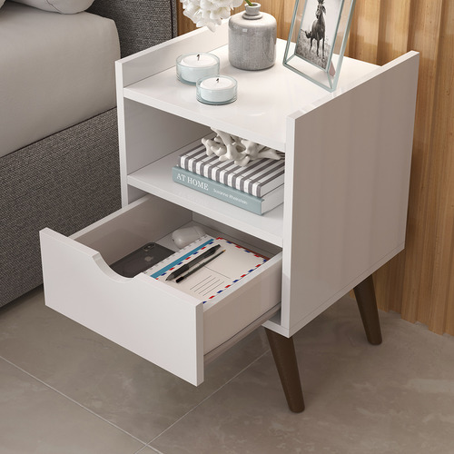 Mesa De Cabeceira 1 Gaveta Nicho Pés Retrô Alice Cor Branco