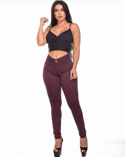 Imagem 2 de 7 de Calça Jeans Feminina Vinho Bordô Marsala Cintura Alta Linda