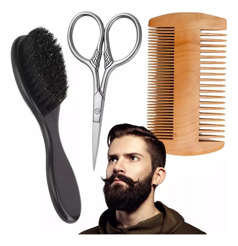 Set Cuidado Barba Bigote Afeitado Cepillo Peine Tijeras 3 Pz