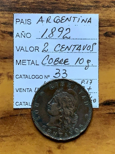 Robmar-f73-7--argentina-2 Centavo De Patacon Del Año 1892