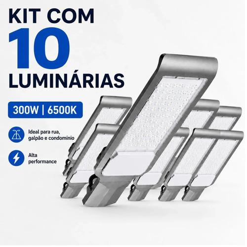 Kit 10 Luminárias Públicas LED de 300W para Poste de Rua, Branco Frio