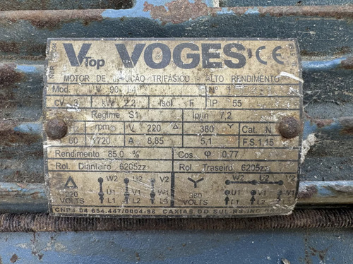 Motor Voges 3cv Trifásico - Baixo Rpm - 220v/380v (Usado)