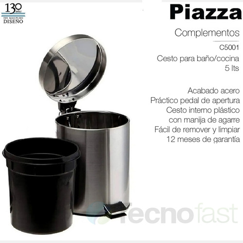 Cesto Tacho De Basura Acero Pedal Baño Cocina 5 Litros Piazz
