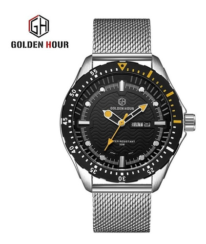 Relogio G H Golden Hour Aço Mesh Diver Militar Quartz 30m