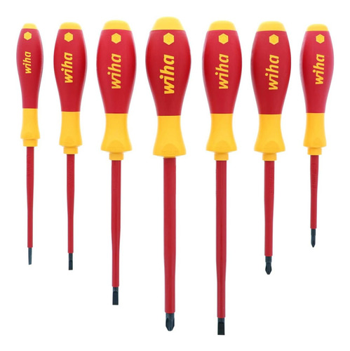 Juego De 7 Destornilladores Aislamiento 1000V Wiha 32099 (Incluye Philips #1, #2 y #3, Plano 3,5mm, 4mm, 5,5mm y 5,6mm) Fabricado en Alemania