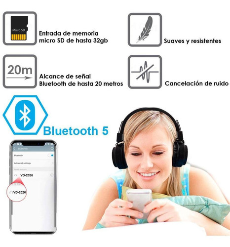 Audifonos Vak 2026 Bluetooth Fm Entrada Sd Aux Diadema Led
