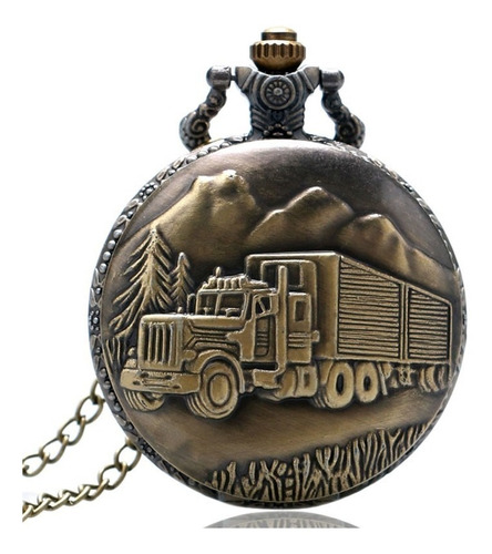 Relógio Bolso Caminhão Floresta Com Corrente Vintage Bronze