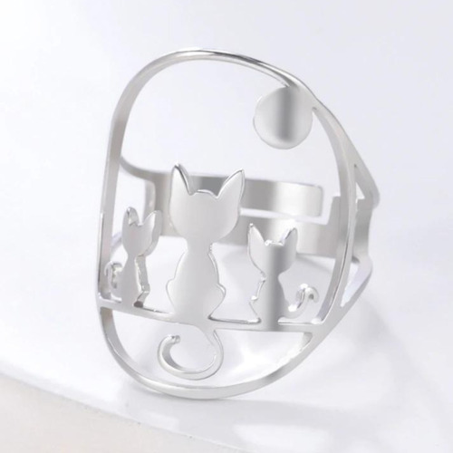 Imagen 7 de 8 de Anillo Gato Sentado Mujer Ajustable Acero Plata Minimalista