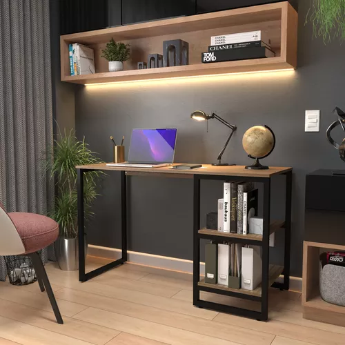 Mesa de escritorio con 2 estantes, hierro industrial y madera, acabado ...