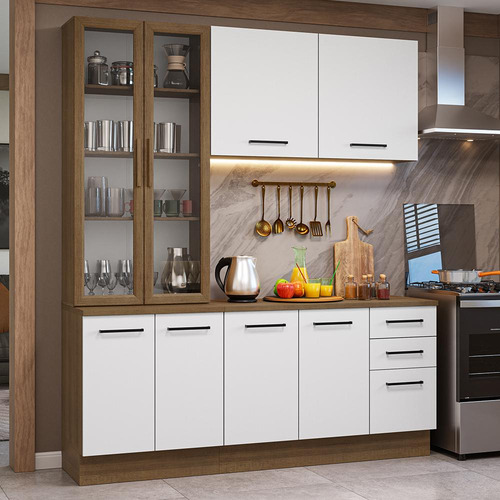 Armário Cozinha Completa 190cm Cristaleira Agata Madesa 01 Cor Rustic/branco