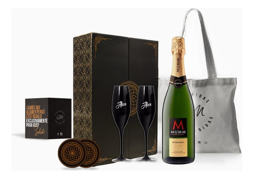 Box Champagne Mumm Extra Brut Copas Negras Grabadas Set