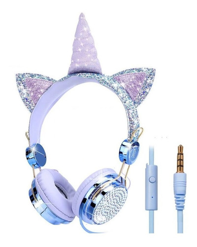 Auricular De Unicornio Azul Con Diamantes Microfono Hd Niños