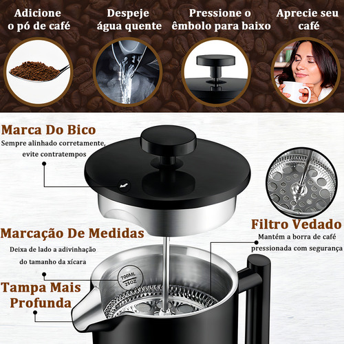 Icoffee Prensa Francesa 700ml De Aço Inoxidável Com Três Telas De Filtro Cor Preto