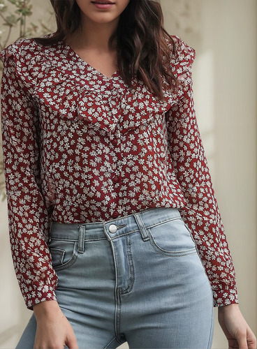 Camisa Holgada De Manga Larga Con Cuello En V Y Estampado Fl