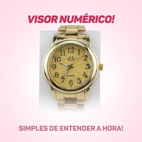 Relógio Feminino Orizom Dourado Original Kit Colar Brincos