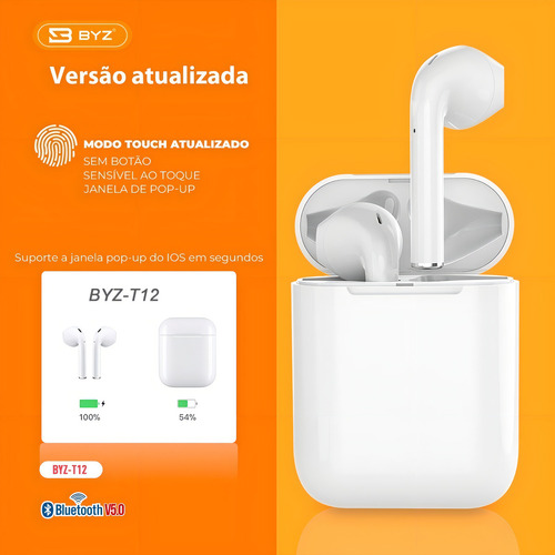 Fone De Ouvido In-ear Sem Fio Byz True Wireless Earbuds T12 Branco