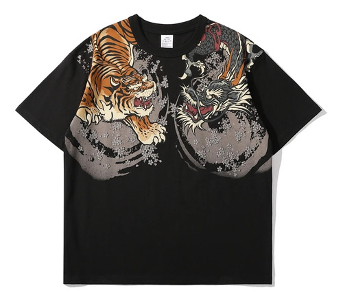 Camiseta Vintage Con Estampado De Dragón Tigre De Estilo Jap