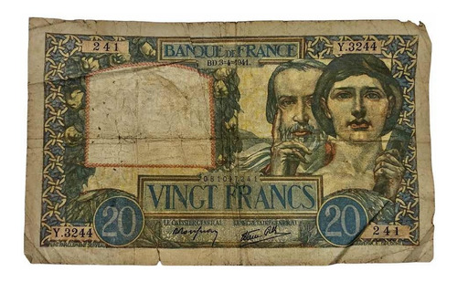 Billete Francés 20 Francos Año 1941 Segunda Guerra Mundial