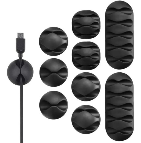 Imagen 1 de 9 de Organizador De Cables Clip Soporte Negro Adhesivo Set X 10u
