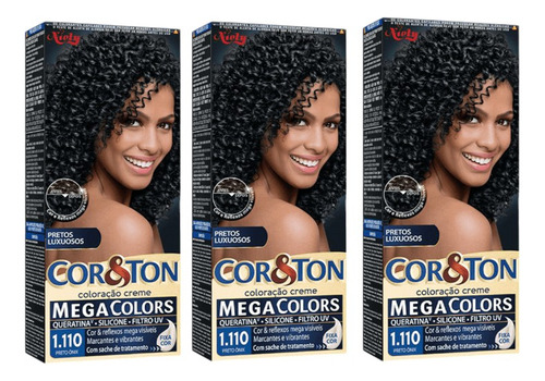 Tinta De Cabelo Coloração Creme Cor&ton Preto Onix Kit C/3