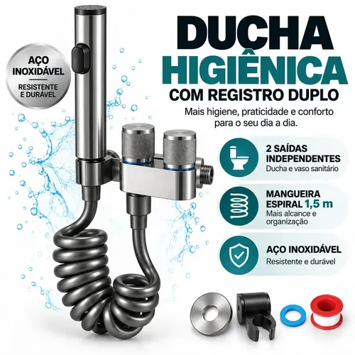 Ducha Higiênica Inox com Botão, Registro Duplo Independente, 2 Saídas e Mangueira Espiral 1,5m para Banheiro