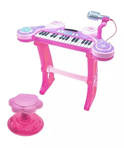 Piano teclado rosa infantil microfone banquinho mc4215 mega