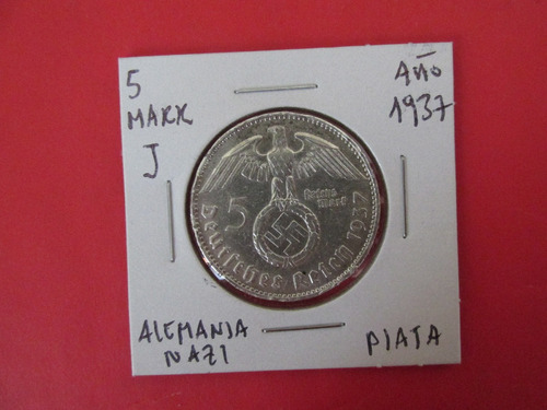 Moneda Alemania Nazi 5 Mark De Plata Tercer Reich Año 1937