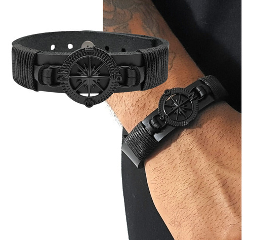 Pulseira Masculina De Couro Bússola Preta