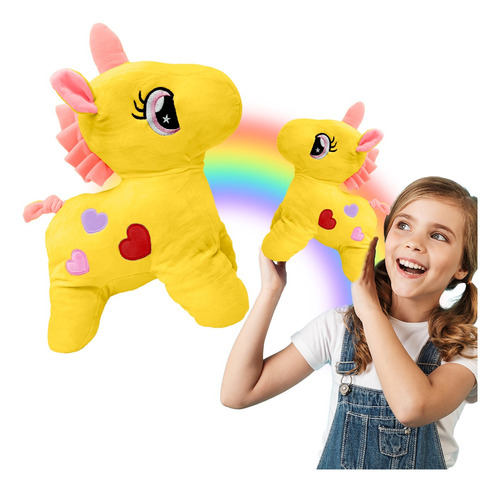 Unicornio Amarillo Peluche Piel Durazno Suave Corazones 23cm