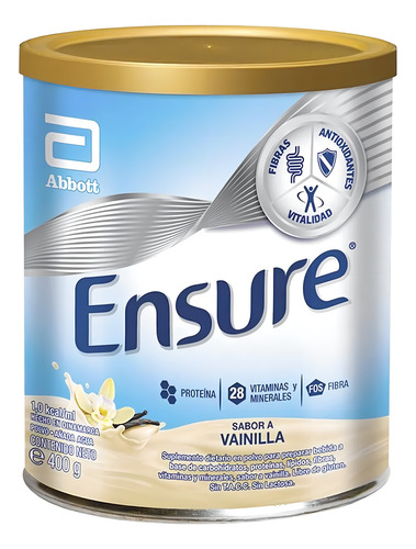 Suplemento em pó Assure Ensure: proteína, vitaminas, minerais, ômega 3 e 6, fibra em pó com sabor de baunilha em uma caixa de 400 g