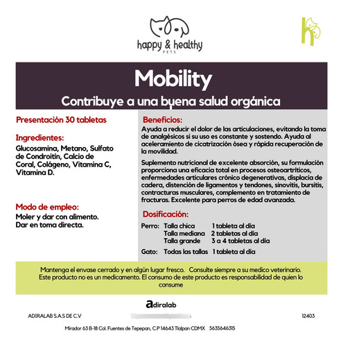 Suplemento Mascota Mobility + 100 Tabletas. Perro Y Gato