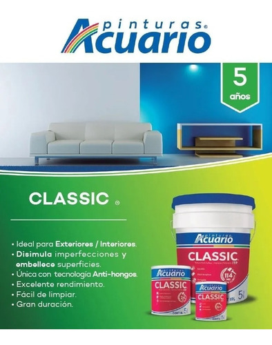 Imagen 3 de 3 de Pintura Vinil Acrílica Classic Acuario 19 Lt Color Blanco