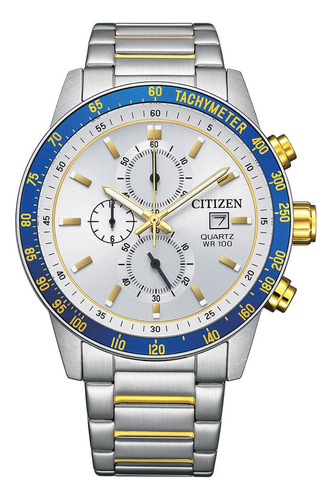 Reloj Citizen An368653a Para Hombre Cronógrafo Taquímetro Malla Dos Tonos Bisel Azul Fondo Blanco
