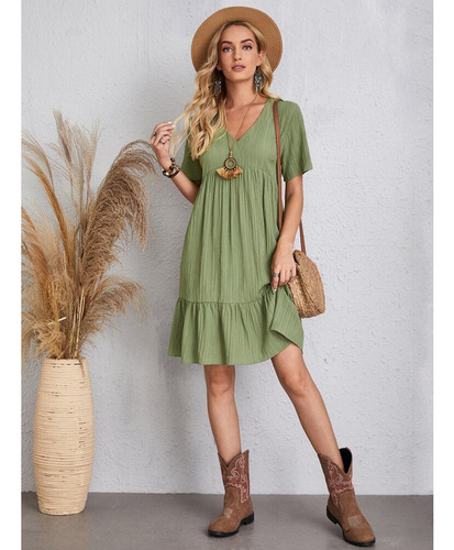 Vestido Corto Liso Holgado De Manga Corta Con Cuello En V